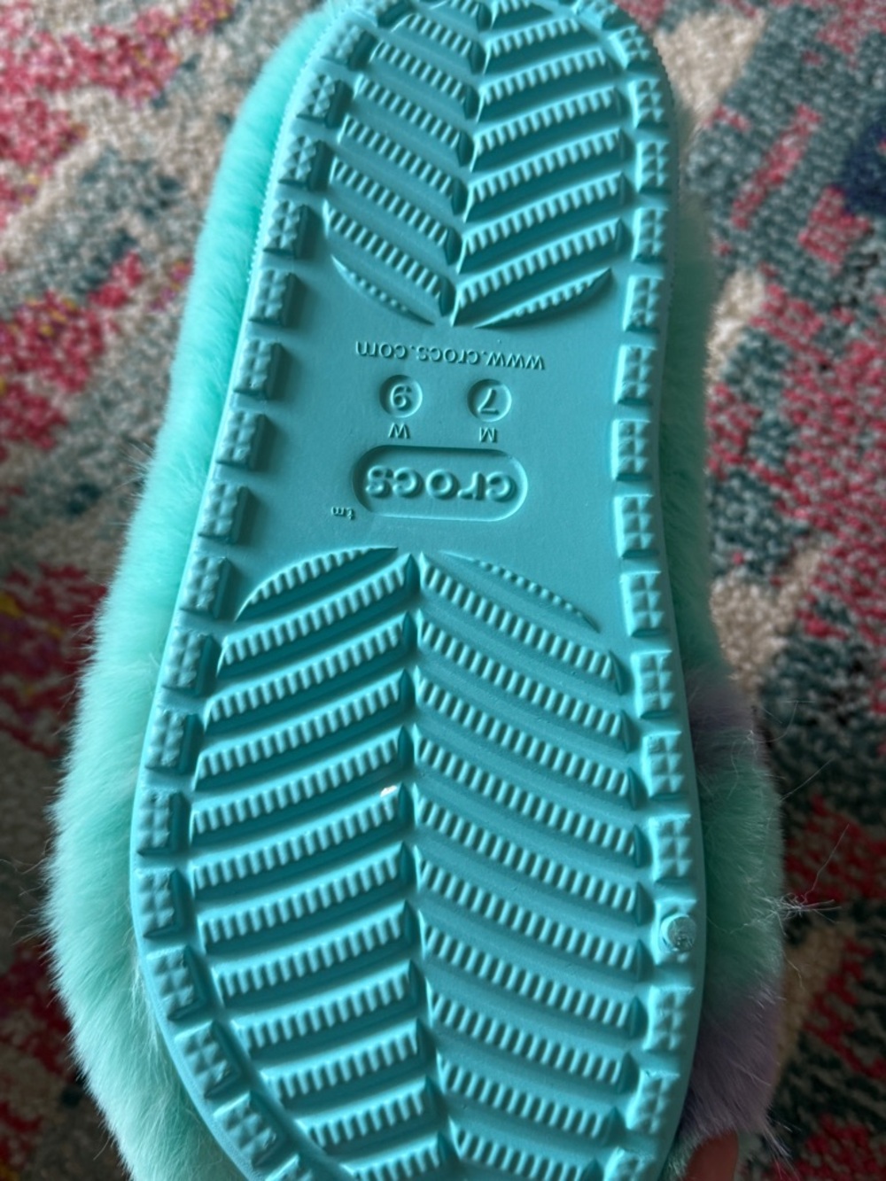 CROCS Sully Mint Green Fuzzy Slippers with Lavender Spots and Horns - Picture 3 of 3
